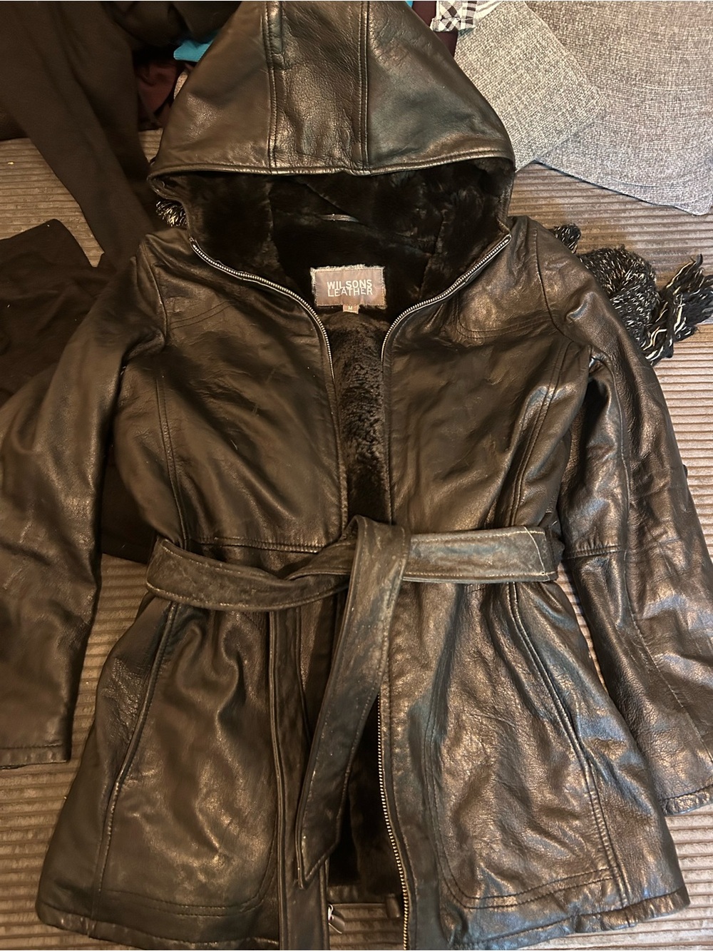 Wilsons Leather Black Hooded Leather Belted Coat